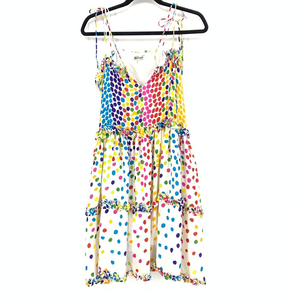 All Things Mochi Blessica Tiered Mini Dress Womens Sz L Silk Rainbow Polka Dots